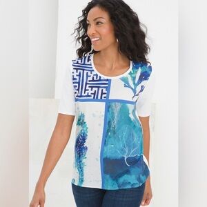 NEW Chico’s Cool Sealife Crewneck Knit Tee Top White and Blue Women’s Sz 3